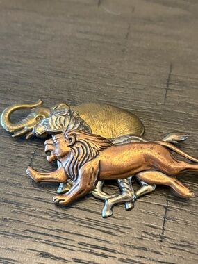 Bronze Tone Lion & Elephant Pin Trio - Mixed Metal Animal Brooch